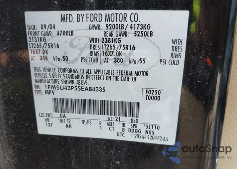 2005 Ford Excursion Limited from USA, damaged, VIN 1FMSU43P55EA84335